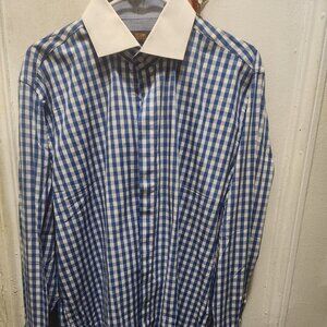 Steven Land Men's Bankers Collar Royal Blue and White Checked Dress Shirt